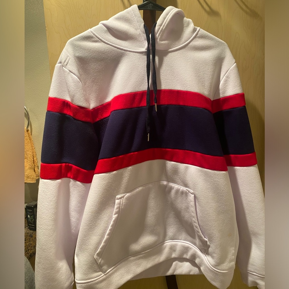 White Red and Navy Blue Cotton Pull Over Hoodie Size Large Men’s